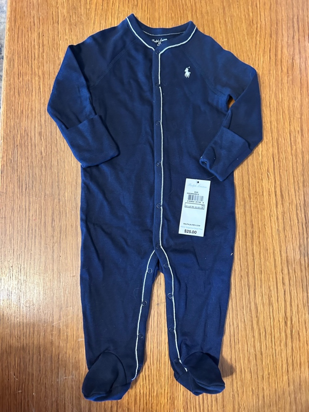 NEW: Ralph Lauren Navy One-Piece Footed Pajamas with White Piping